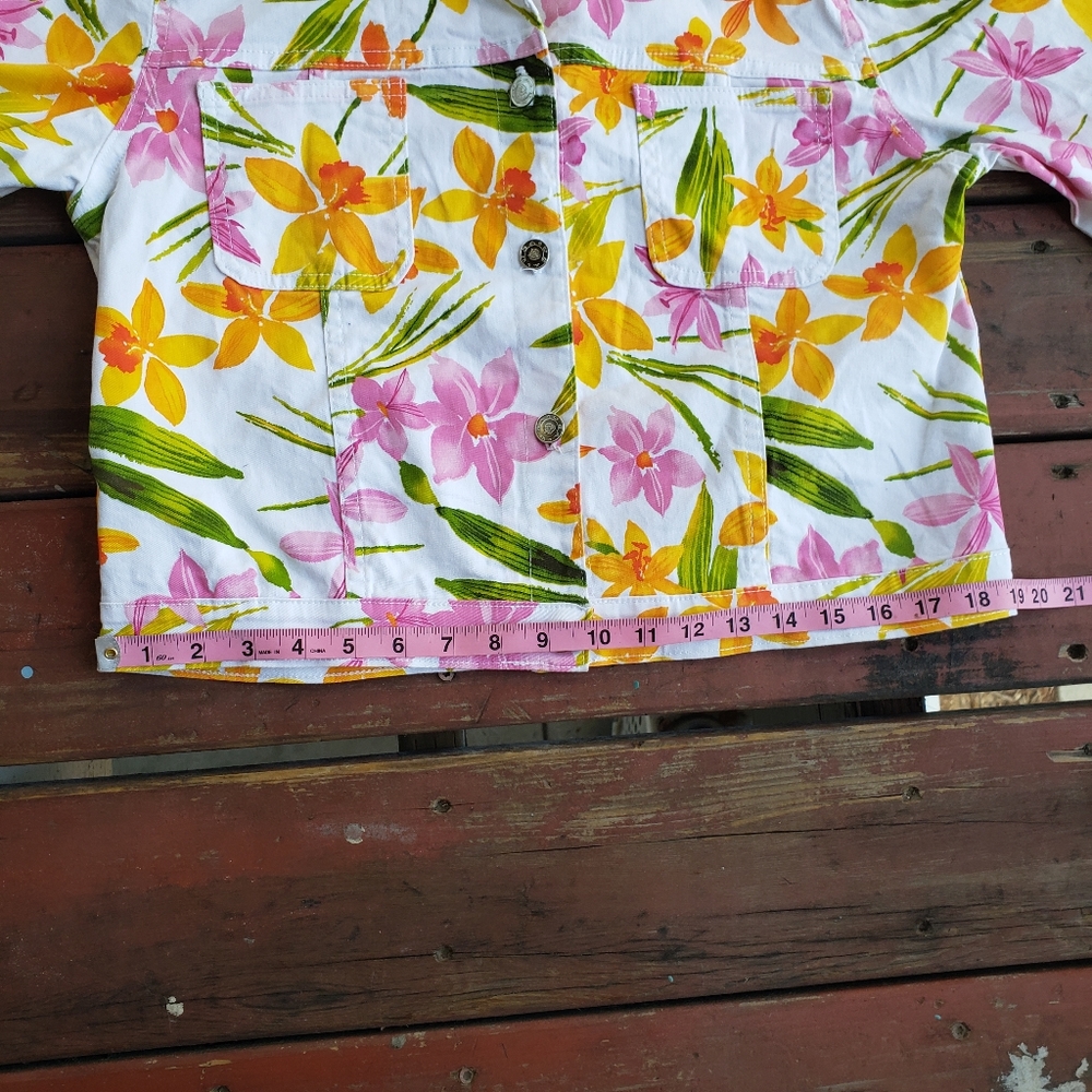 Vintage White Pink Orange Tropical Floral Jean Jacket Half Sleeves - Picture 13 of 14